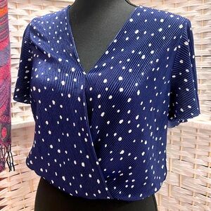 Navy and White Polka Dot Satin Wrap Blouse - ASTR the label